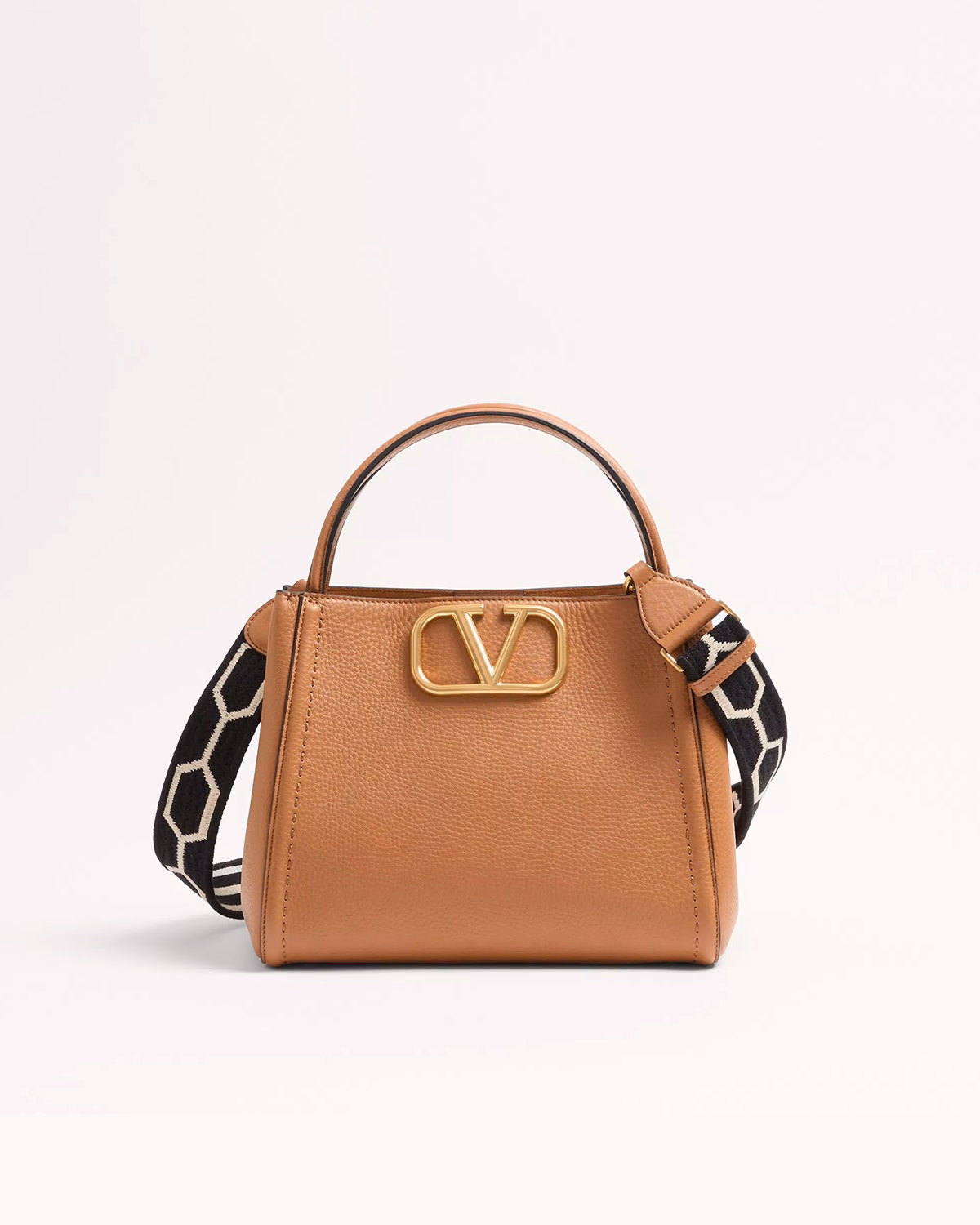 Valentino Garavani Alltime Medium Handbag In Grainy Calfskin With Jacquard Ribbon Shoulder Strap