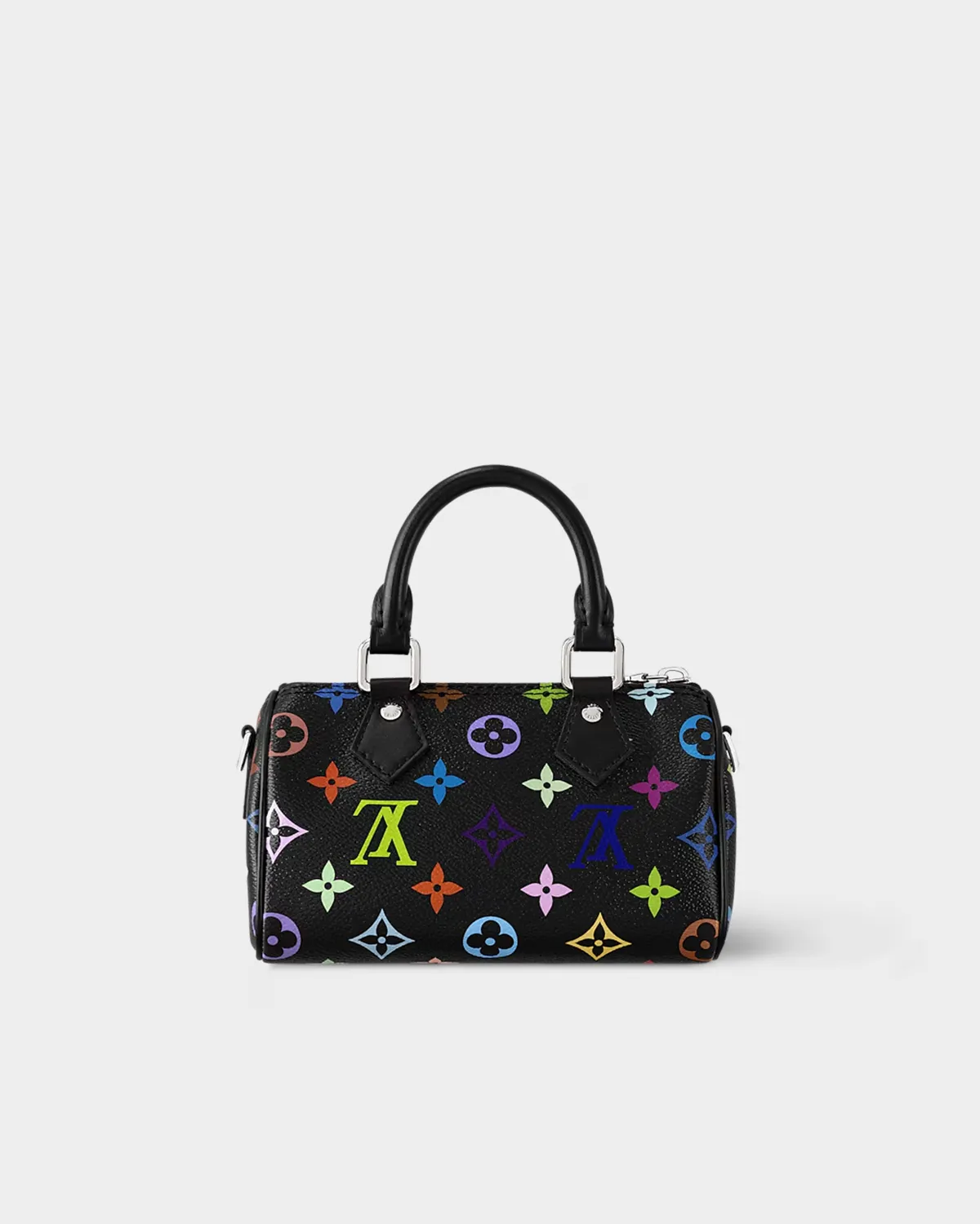 Nano Speedy handbag in black multicolor monogram with black leather trim, front view.