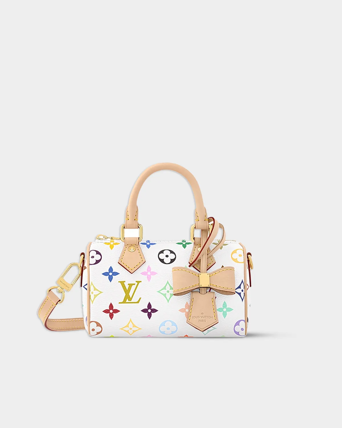 Nano Speedy handbag in white multicolor monogram with natural leather trim, front view.