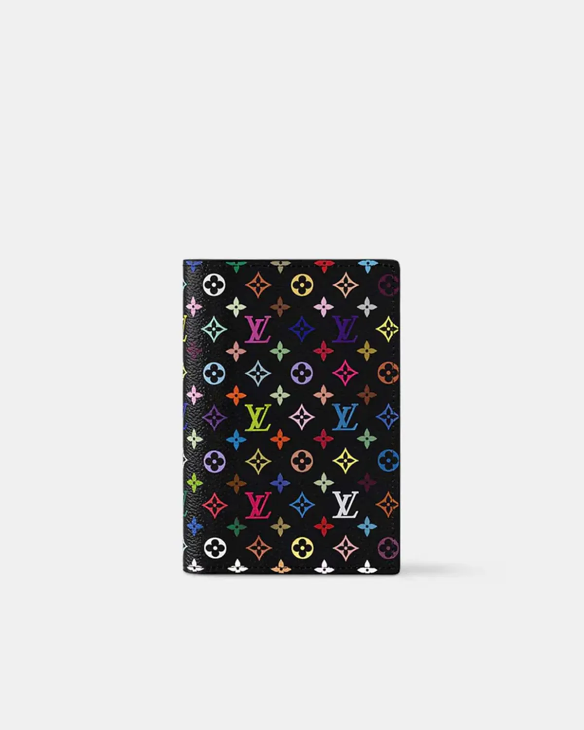 Passport cover in black multicolor monogram canvas, front view.