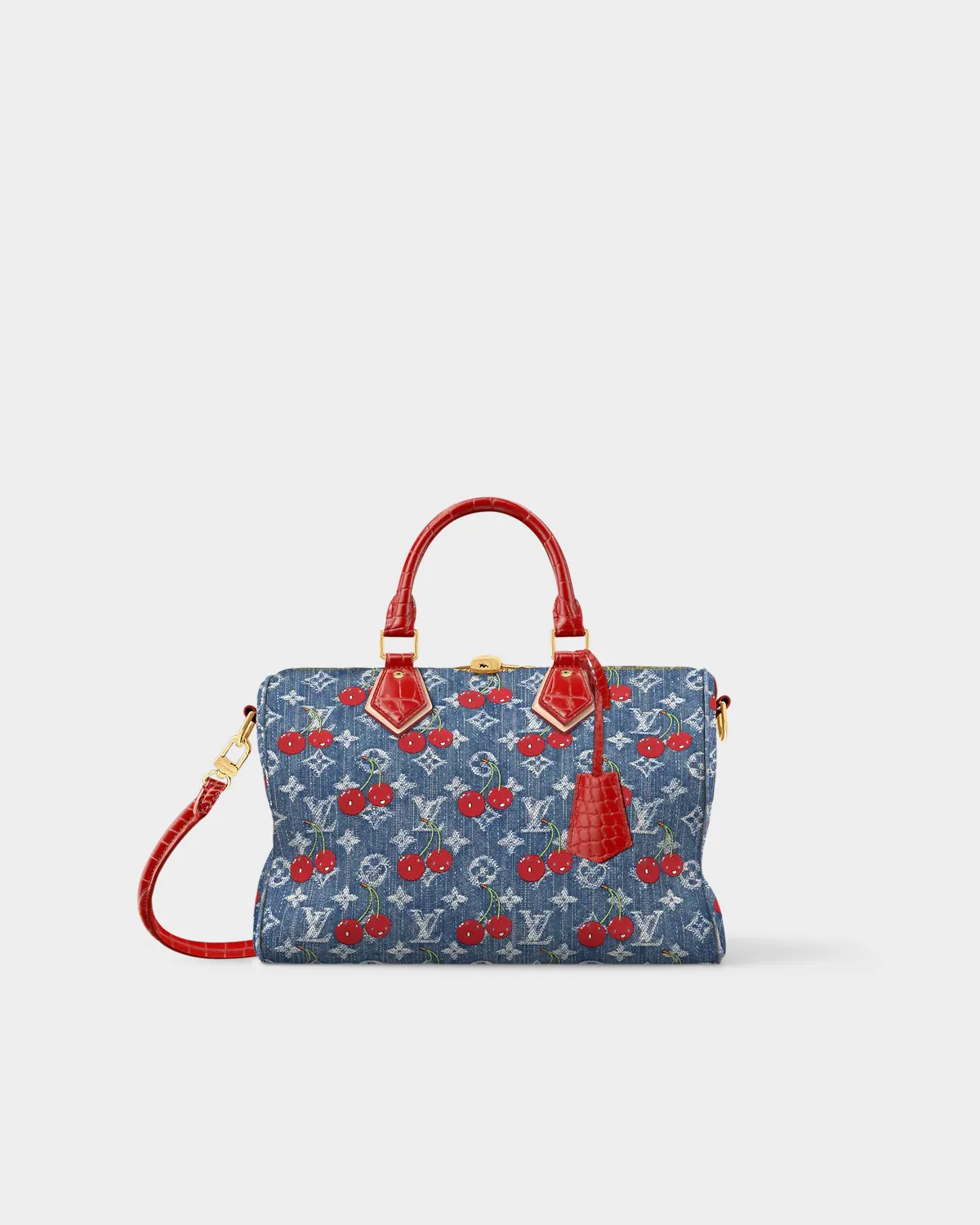 Louis Vuitton Speedy in monogram denim with cherry pattern, denim blue with red handles, front view Cherry Speedy 30 Denim