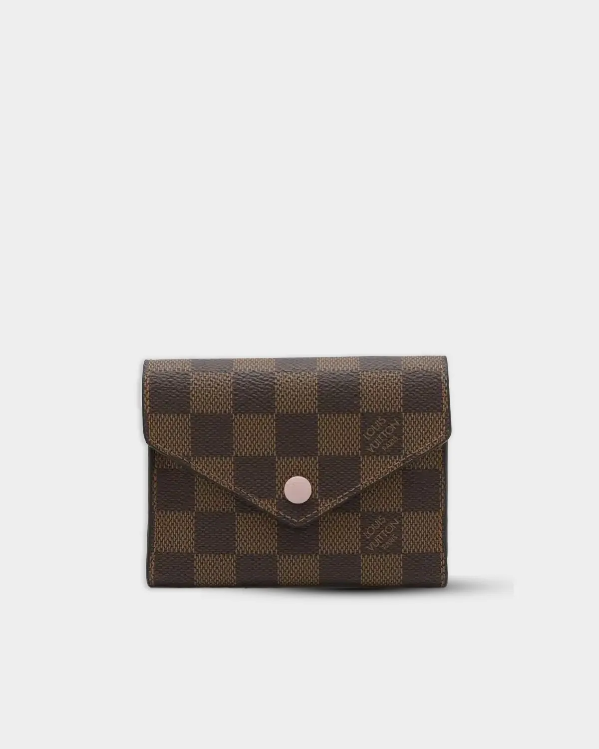 Victorine wallet in damier ebene coated canvas with rose snap closure, front view.