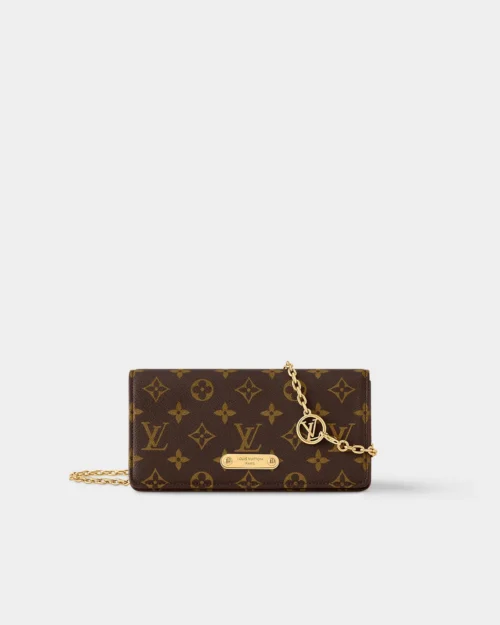 Wallet on chain in monogram coated canvas with gold-tone chain strap, front view.