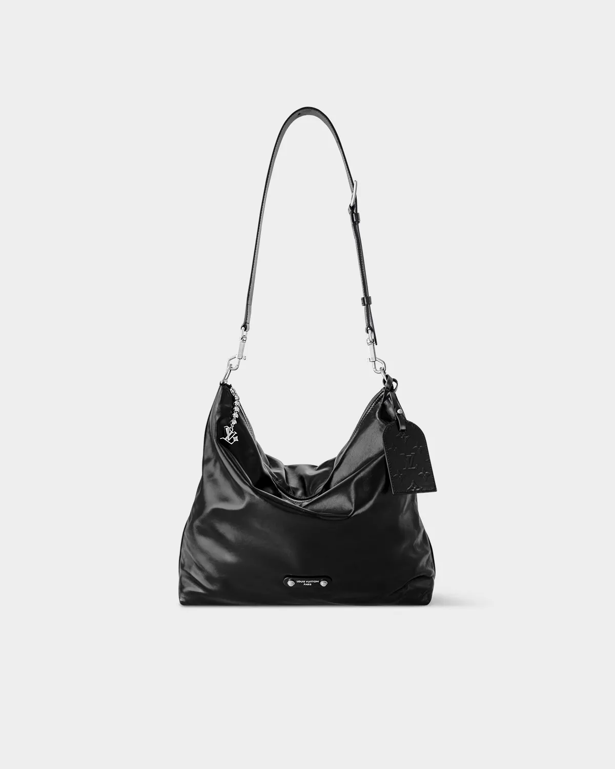 Signature Nomad Hobo bag in matte black embossed leather front view
