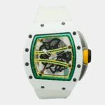 Front view of asymmetric sport watch in carbon and white ceramic