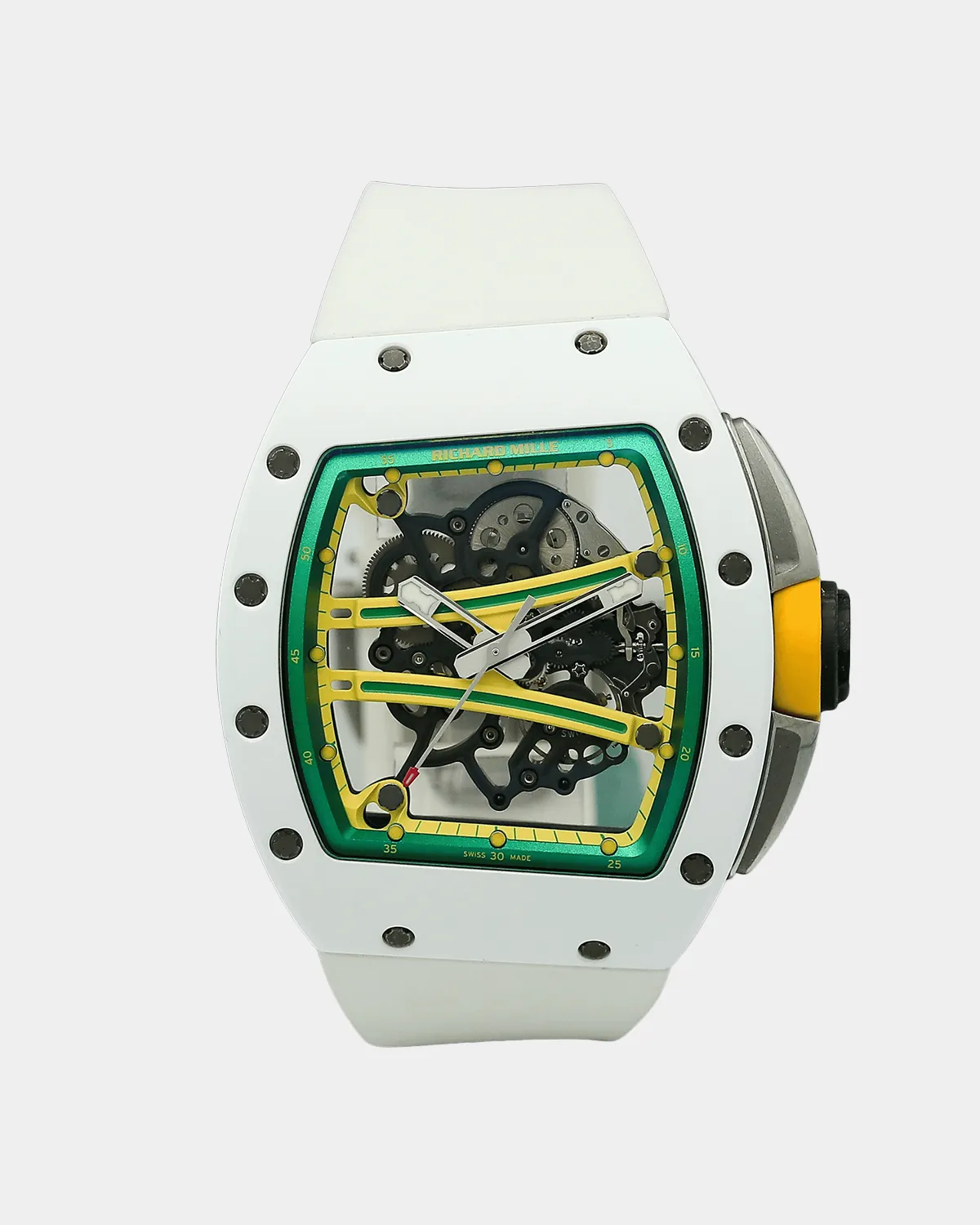 Front view of asymmetric sport watch in carbon and white ceramic