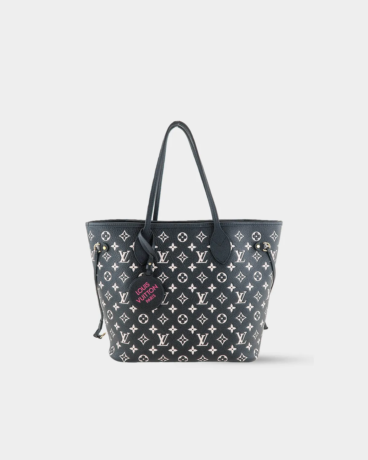 Bi-color embossed leather tote bag MM size black and white front view