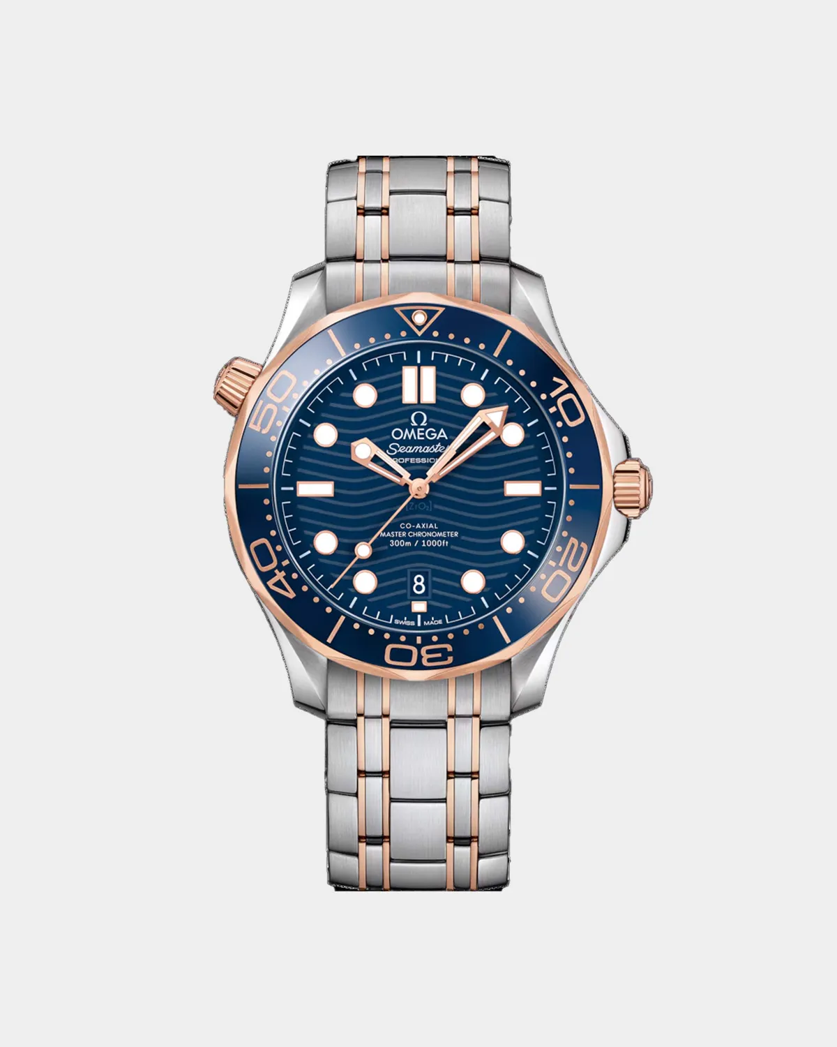 Seamaster 300M Chronograph blue dial gold bezel front view on two-tone bracelet