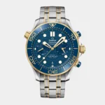 Seamaster 300M Chronograph blue dial gold bezel two-tone bracelet front view
