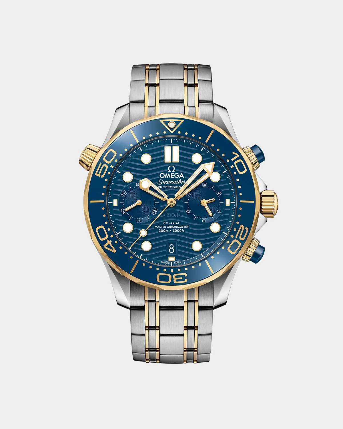 Seamaster 300M Chronograph blue dial gold bezel two-tone bracelet front view