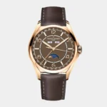 Front view of FiftySix Complete Calendar watch with pink gold case and brown dial