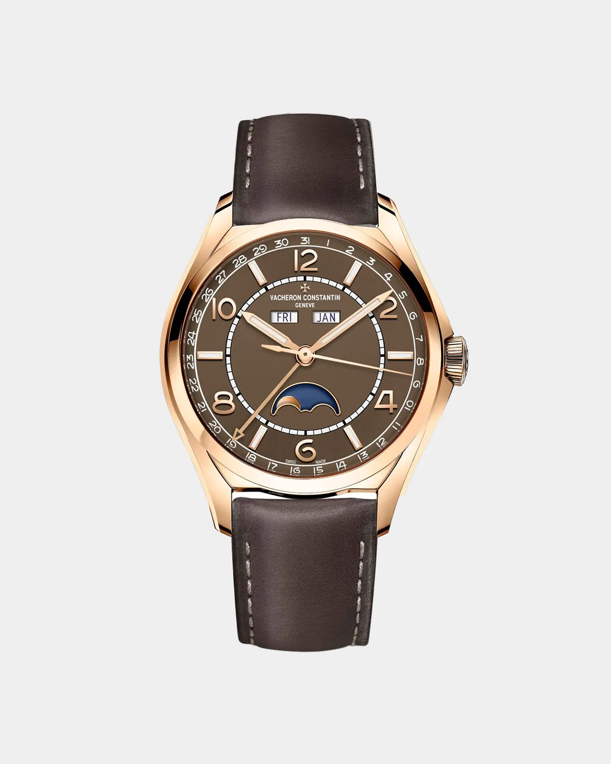 Front view of FiftySix Complete Calendar watch with pink gold case and brown dial