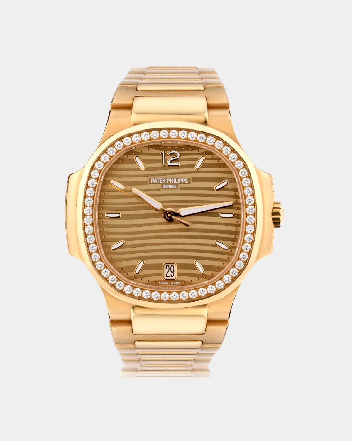 Nautilus 5711/1R gold dial diamond bezel date watch front view