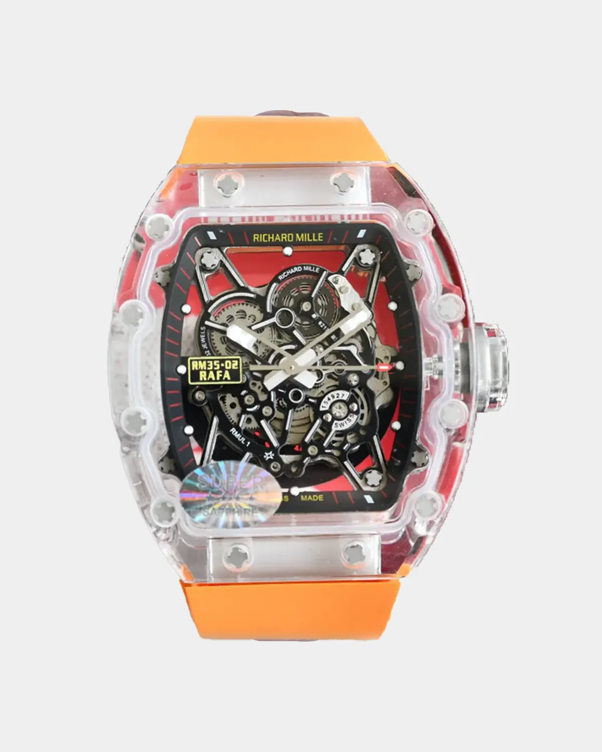 Vue de face montre sport forme tonneau cadran squelette