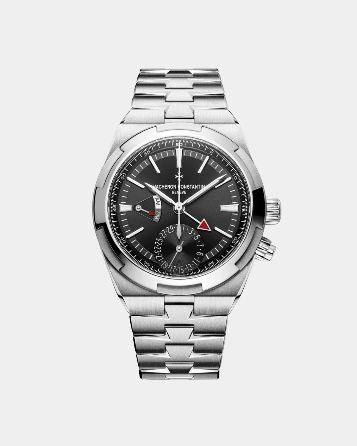 Overseas Dual Time black dial stainless steel watch front view