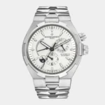 Overseas Dual Time steel watch with Clous de Paris textured dial front view