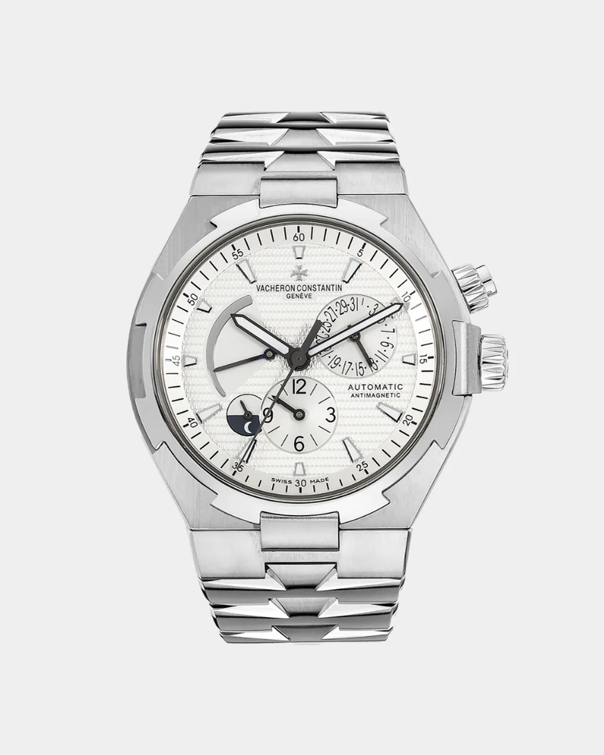 Overseas Dual Time steel watch with Clous de Paris textured dial front view