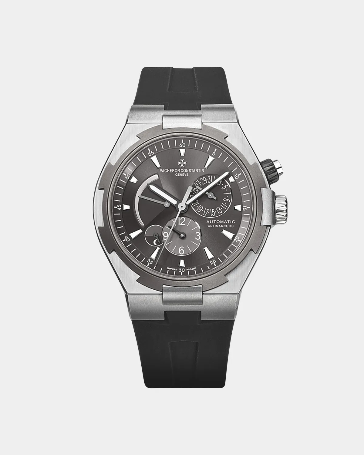 Front view of Overseas Dual Time watch in steel and titanium