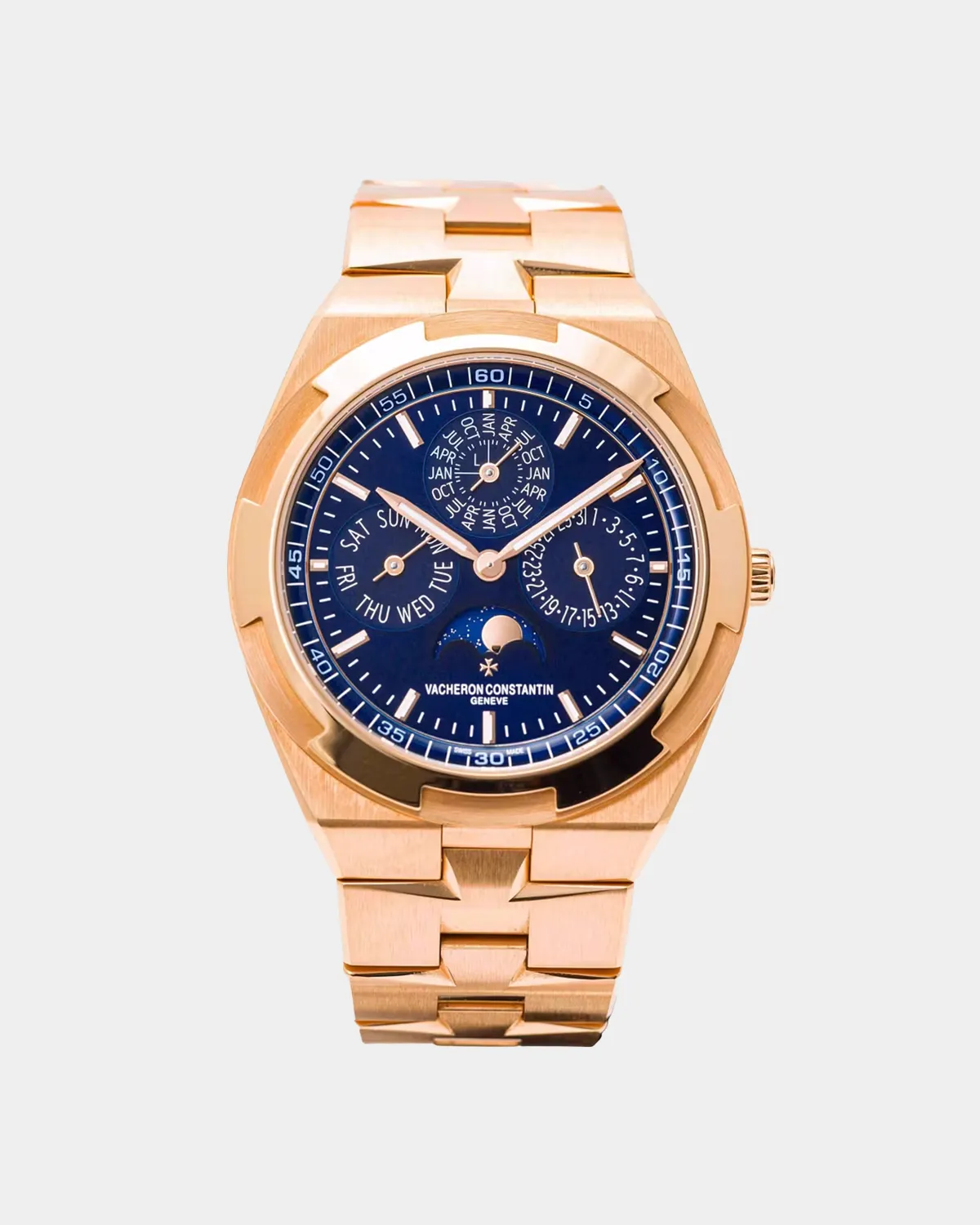 Overseas Perpetual Calendar Ultra-Thin pink gold blue dial front view