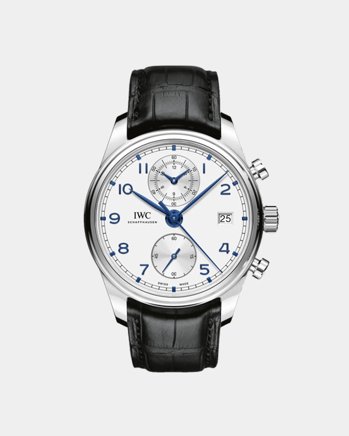 Portugieser Chronograph Classic silver dial blue hands front view
