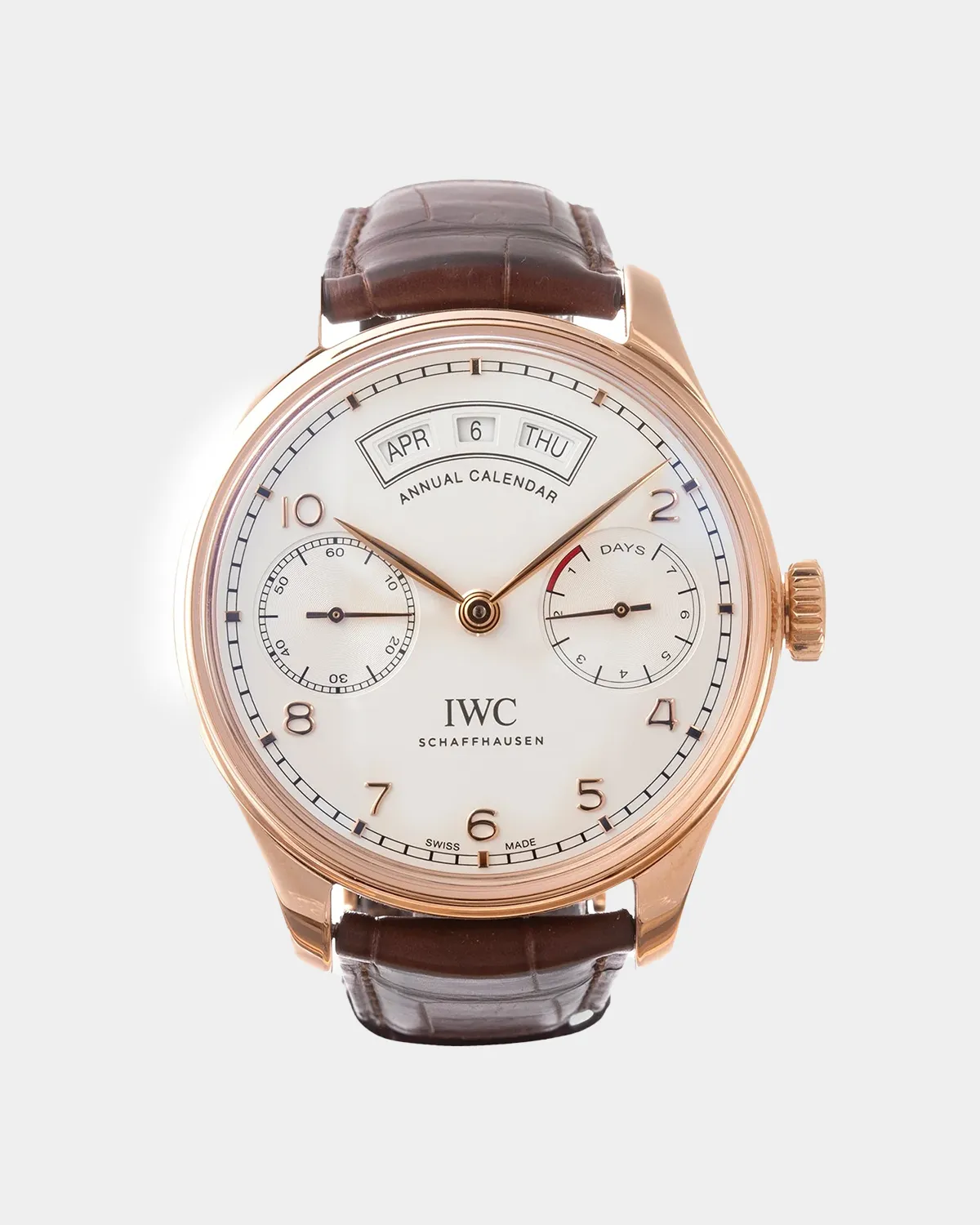 Portuguese Annual Calendar red gold case silver dial front view