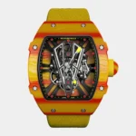 Front view of Red and Yellow Quartz TPT Tourbillon sport watch