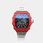 Front view of red carbon tonneau sport watch with tourbillon