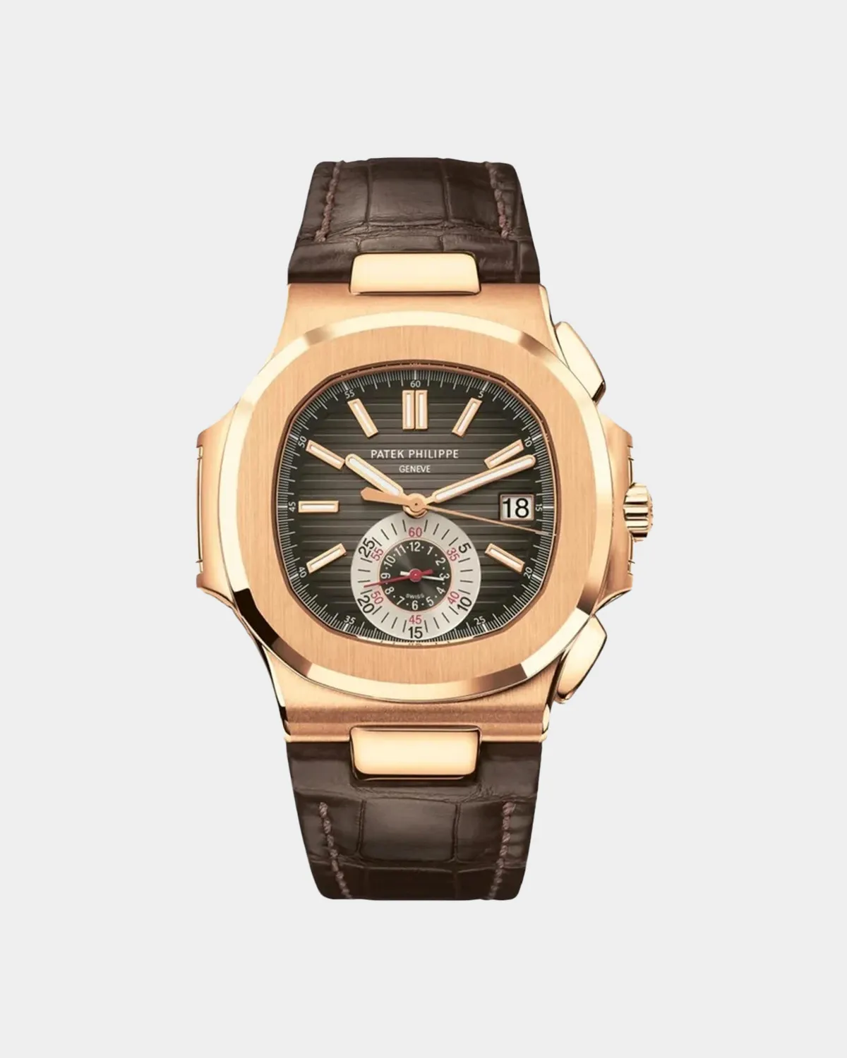 Nautilus 5990R rose gold travel time watch leather strap front view