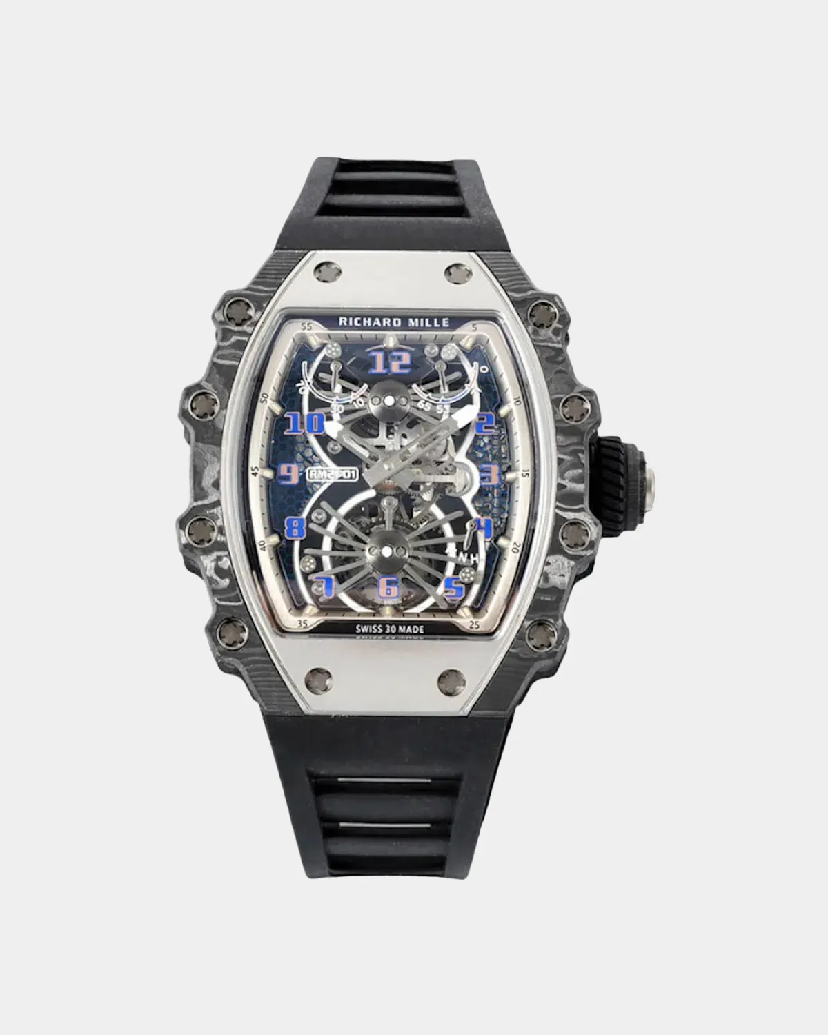 Front view of full sapphire crystal sport watch with visible tourbillon