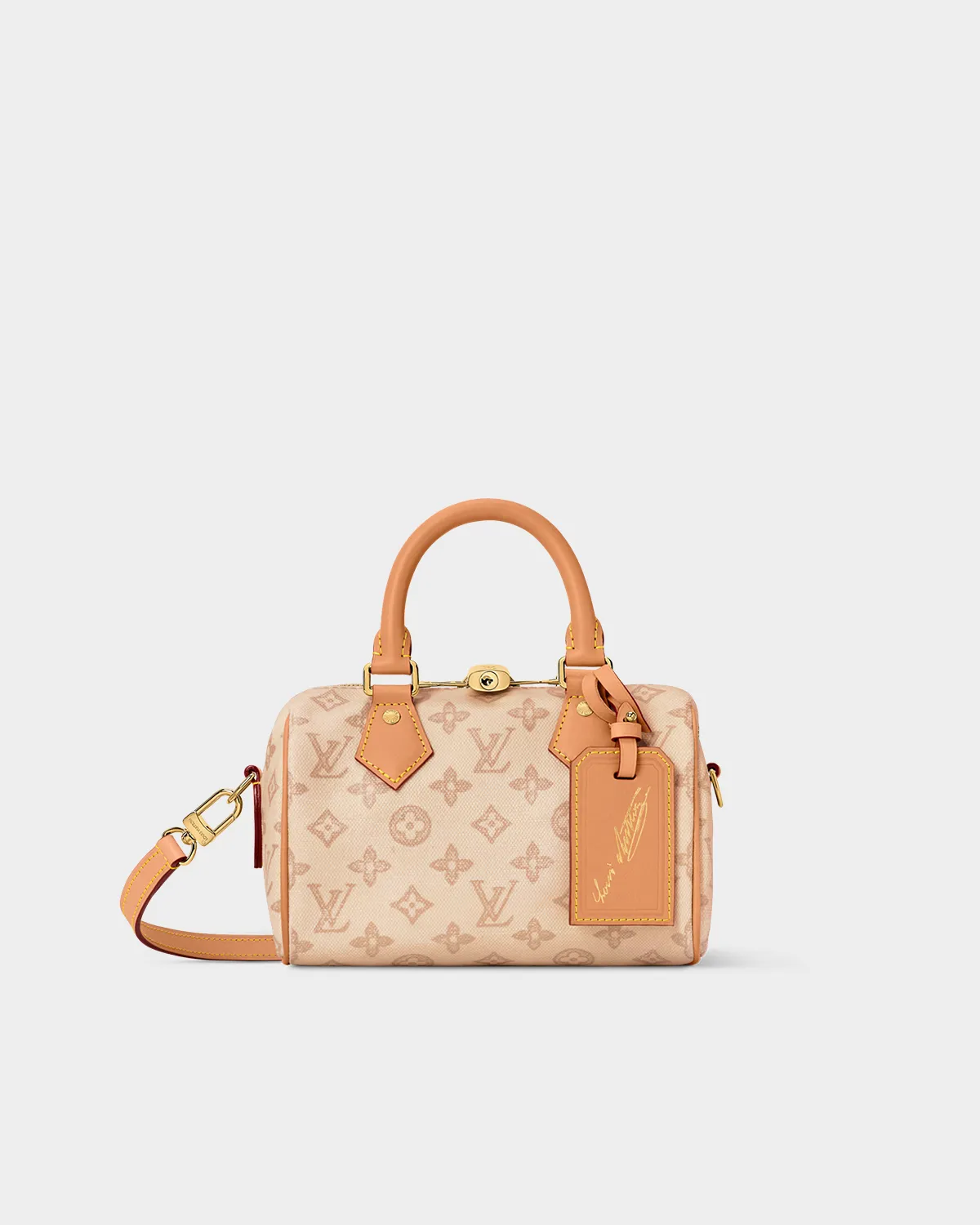 Signature Boston Bag 20 in sand toned monogram canvas with wide strap front view
