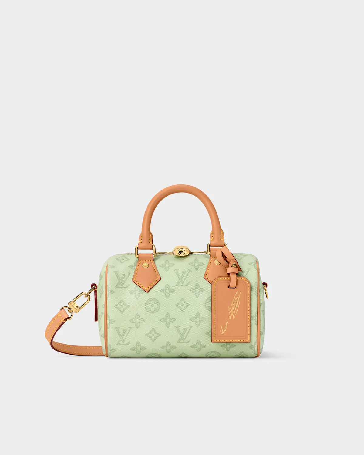 Signature Boston Bag 20 in sand toned monogram canvas with wide strap front view