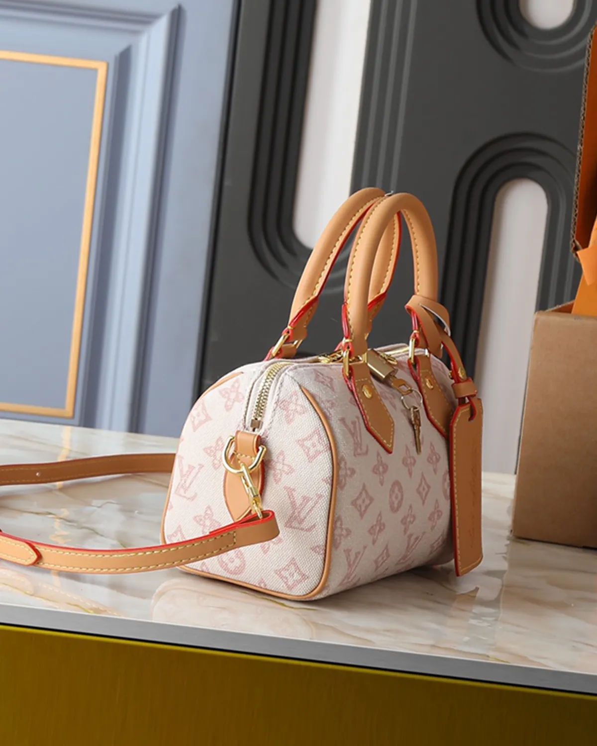 bagladt-signature-boston-bag-20-sand-toned-monogram-wide-strap-front3