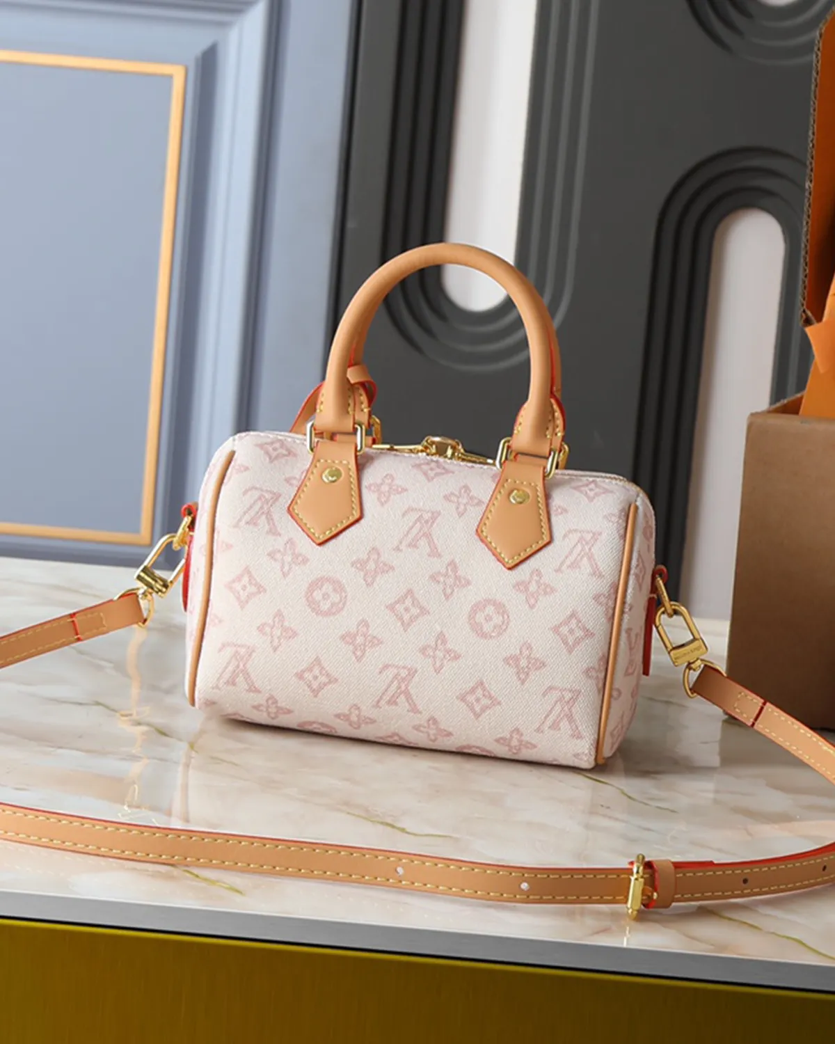 bagladt-signature-boston-bag-20-sand-toned-monogram-wide-strap-front4