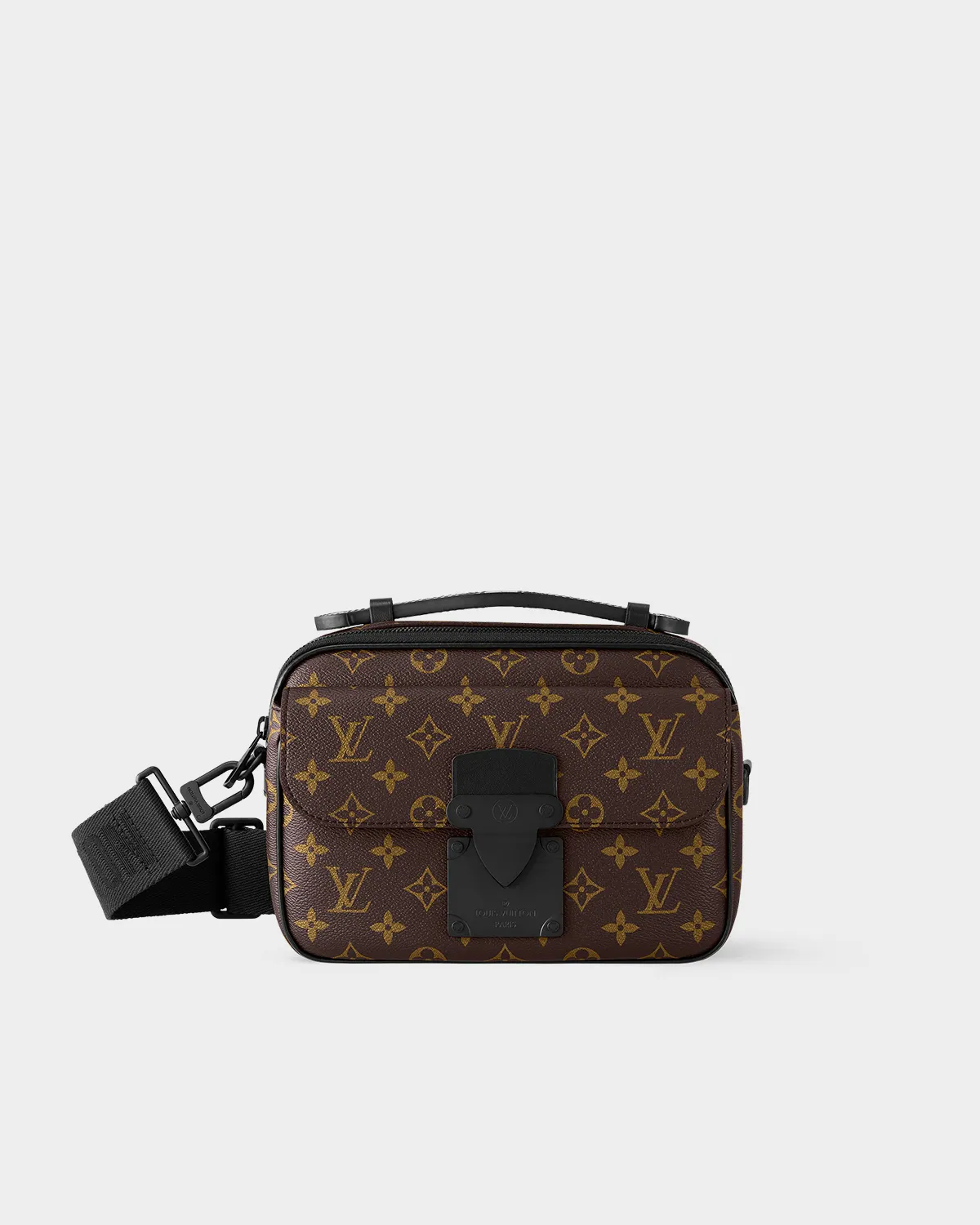 Signature Magnetic Lock Messenger bag in monogram macassar canvas front view