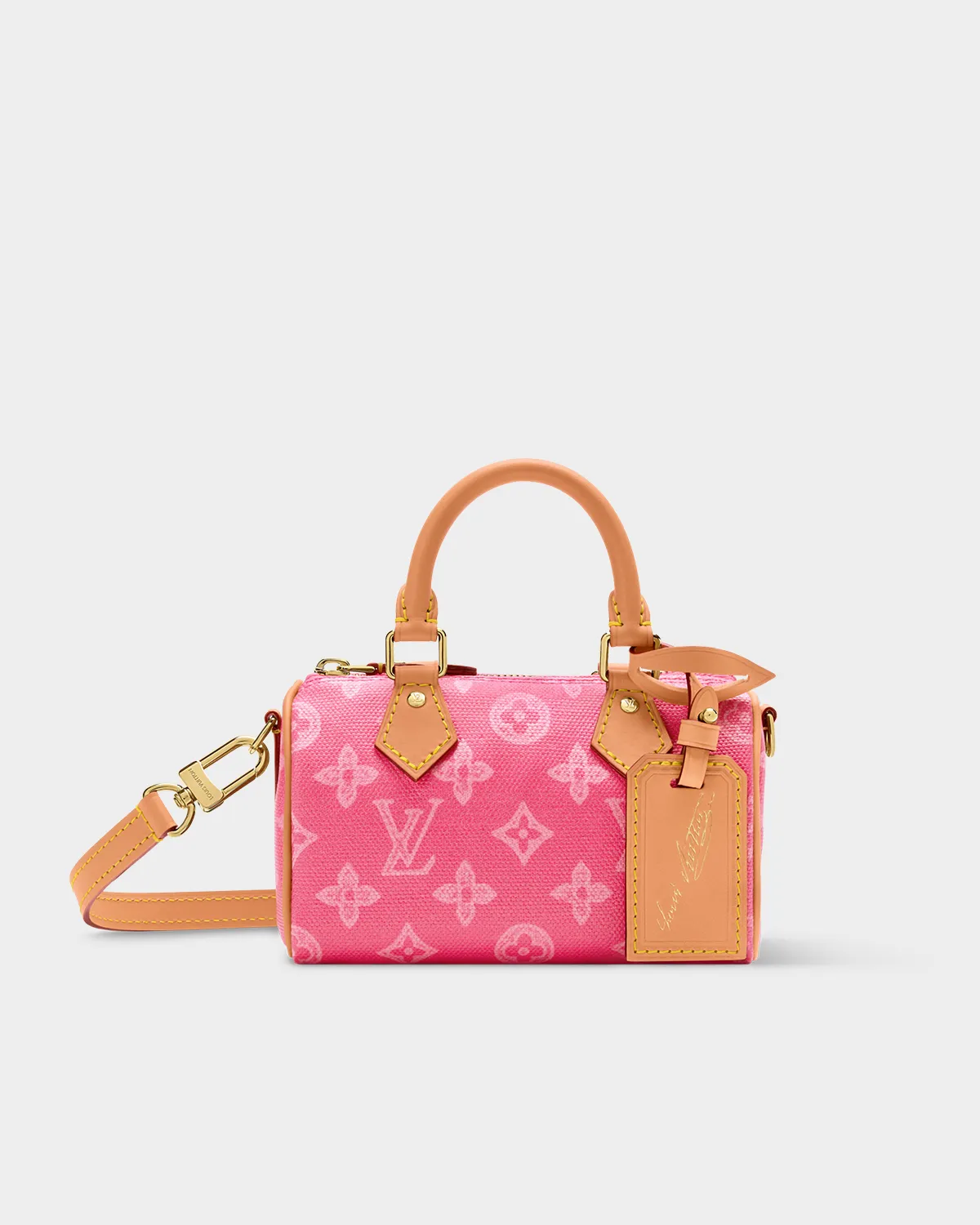 Signature Mini Boston Bag Nano size in sand toned monogram canvas front view