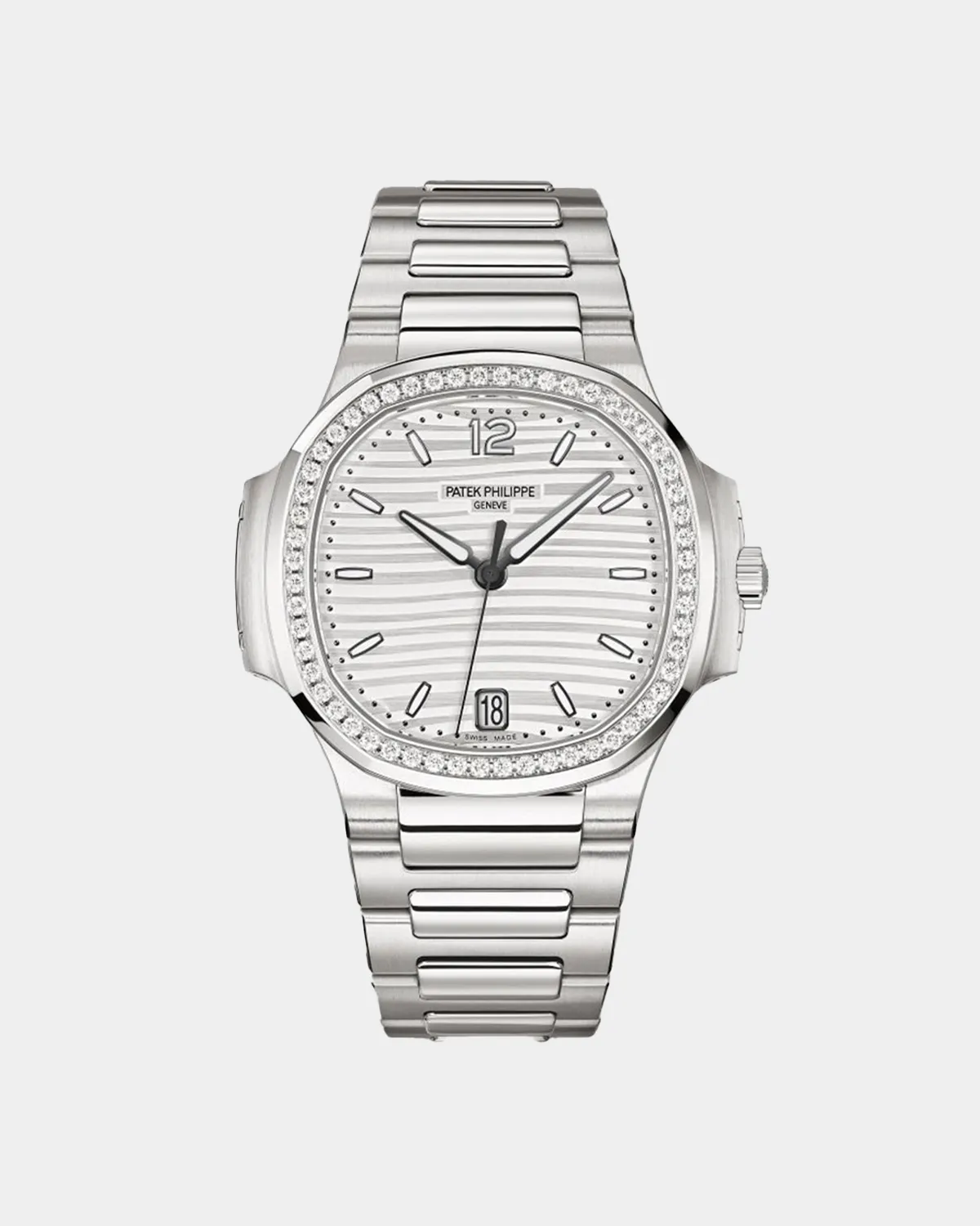 7118/1200A silver dial diamond bezel date watch front view