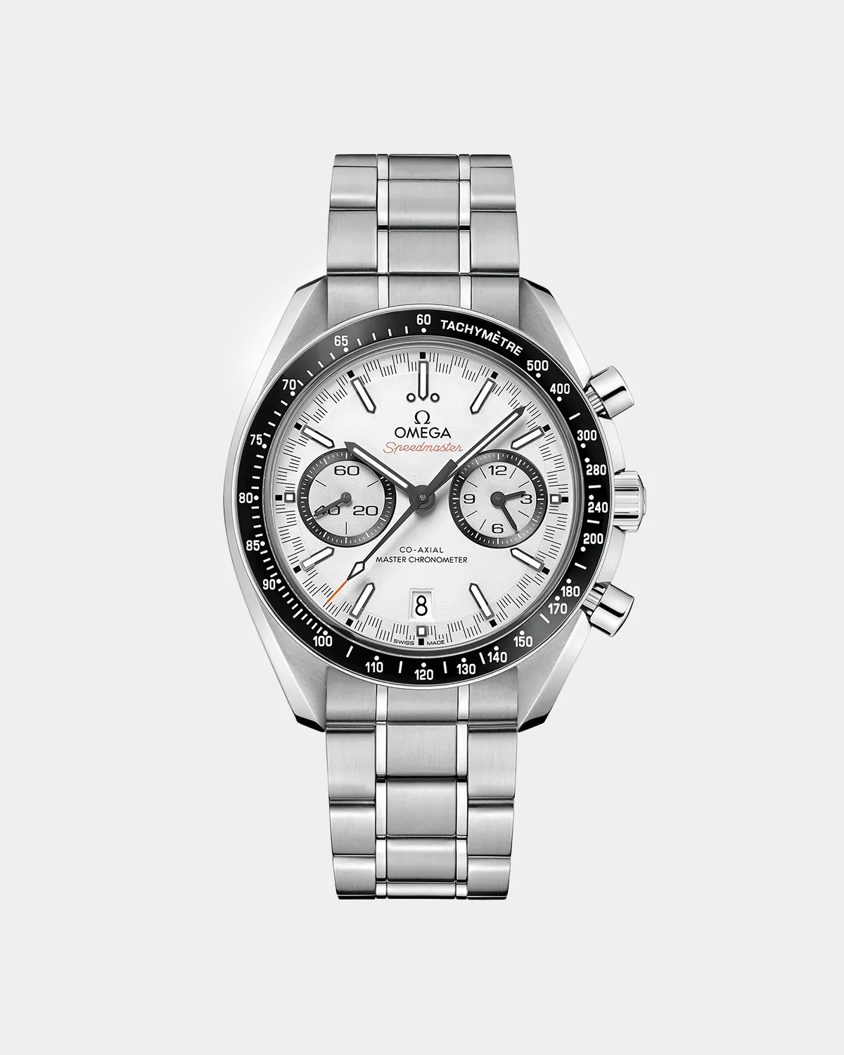 Speedmaster Racing white dial with black ceramic bezel front view