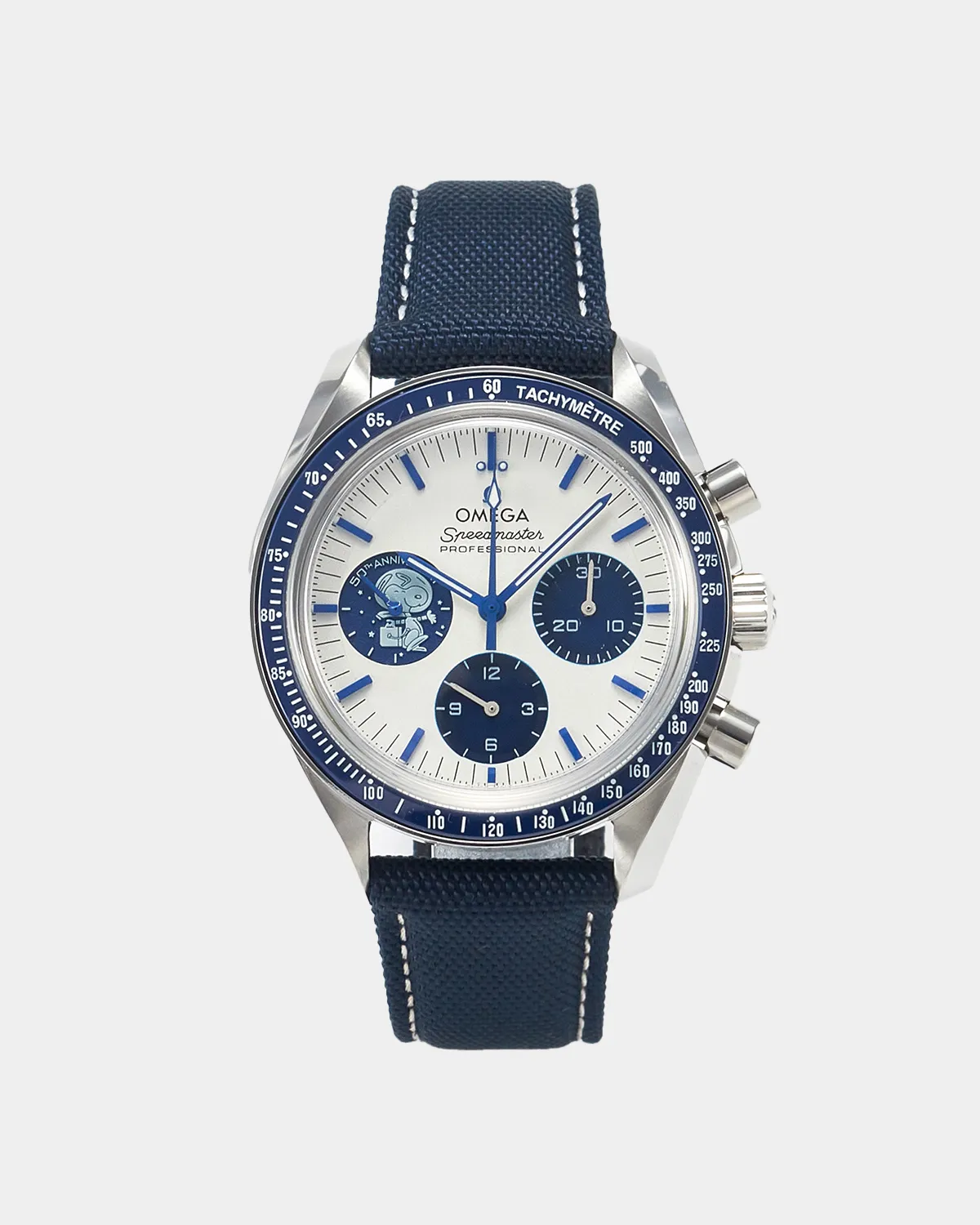 Speedmaster Silver Snoopy Award 50th Anniversary blue panda dial front view