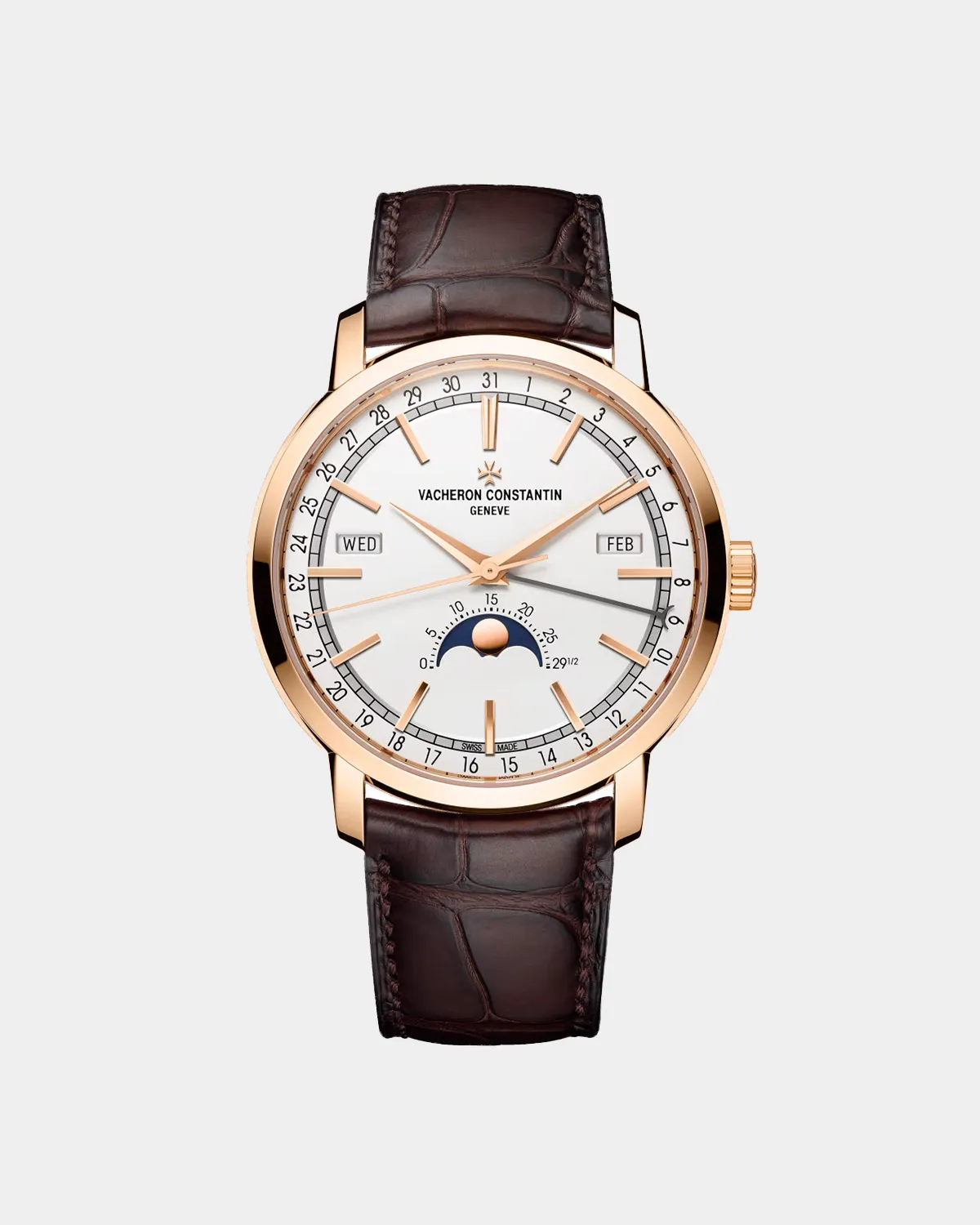 Traditionnelle Complete Calendar pink gold white dial front view