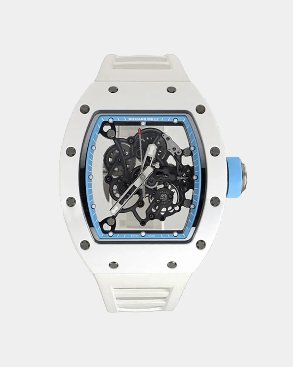 Front view of White Ceramic Sport Skeleton manual winding watch