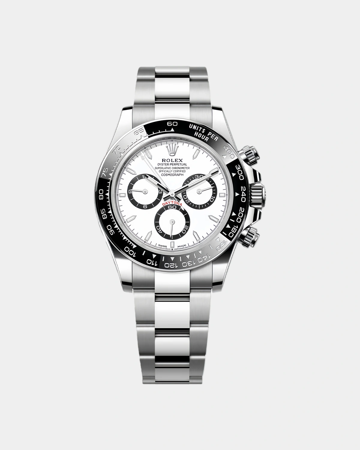 Daytona 116500LN chronograph watch white dial black bezel front view