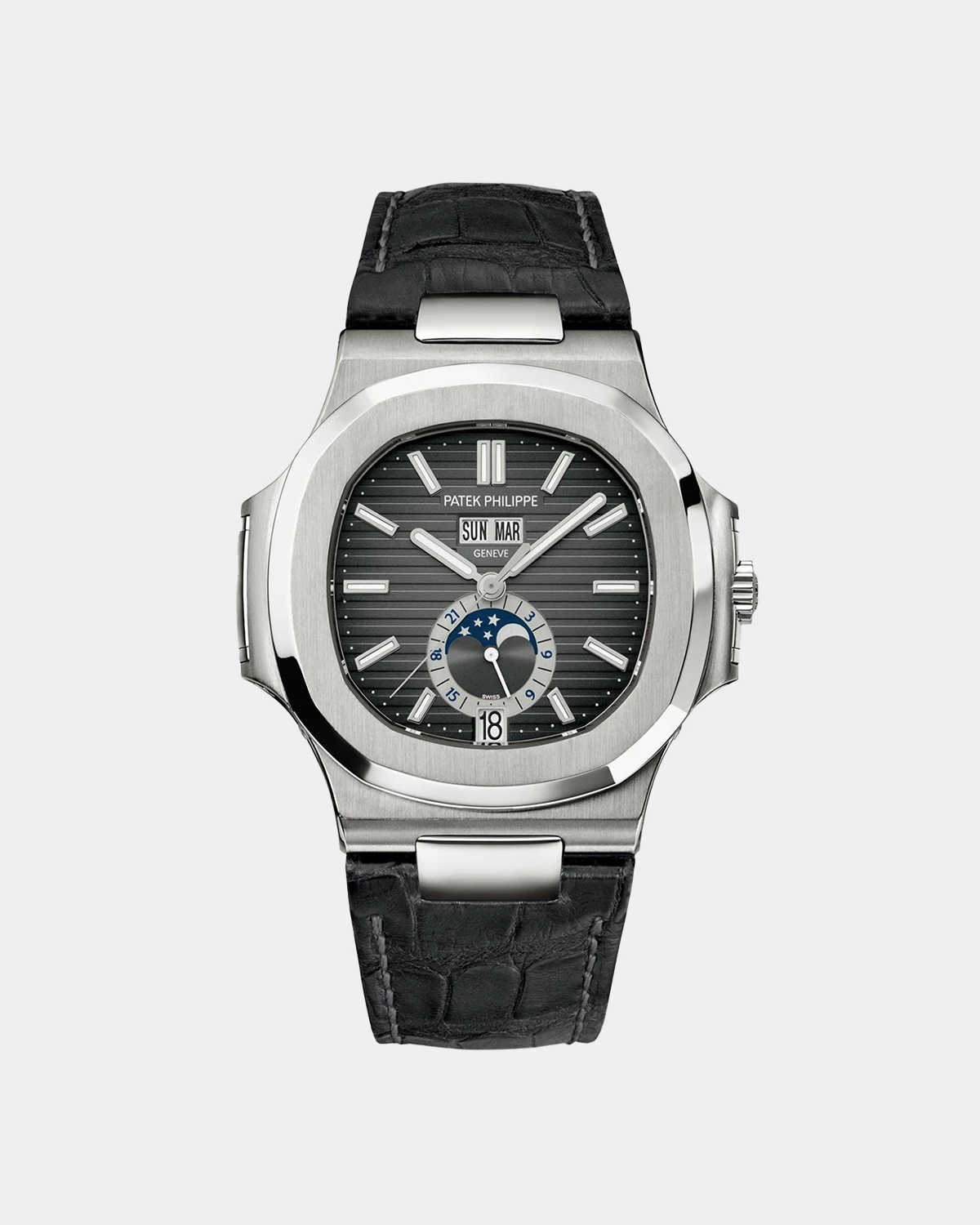 Nautilus 5726A grey dial moonphase calendar watch front view