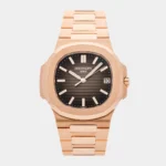 ALT：Nautilus 5711R rose gold tone date watch black dial front view