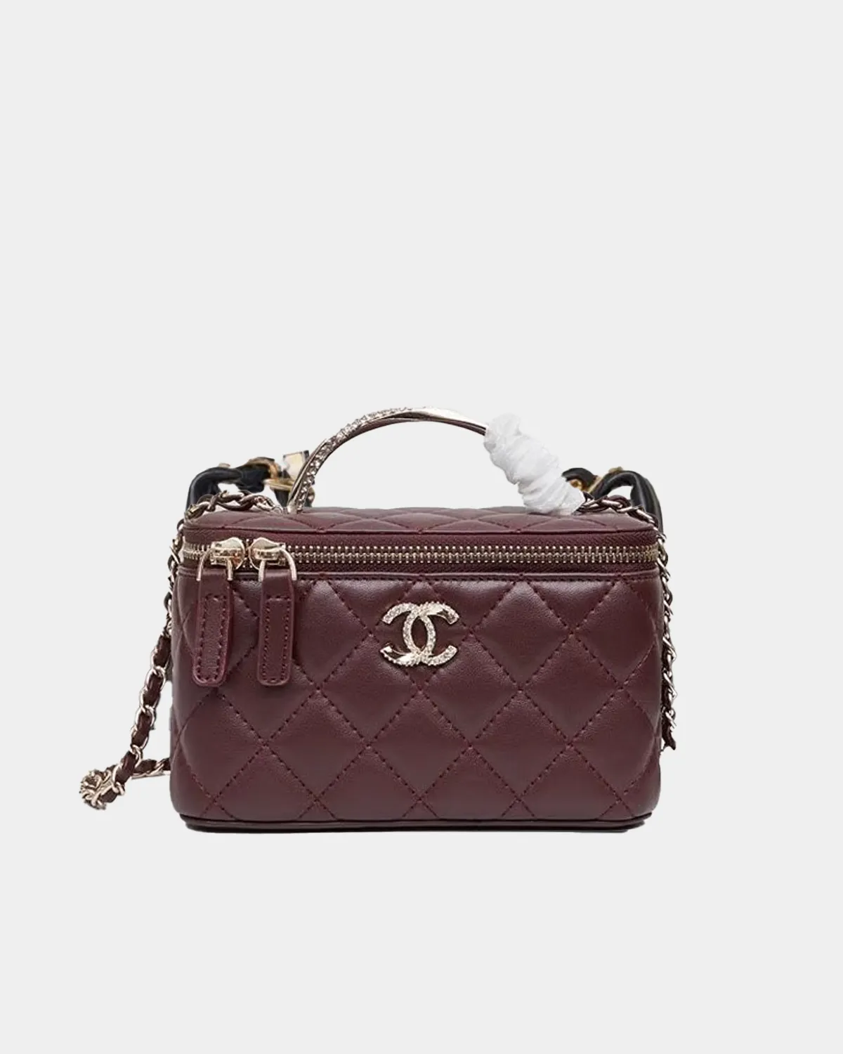 Signature Quilted Vanity Case in burgundy leather with gold chain front view