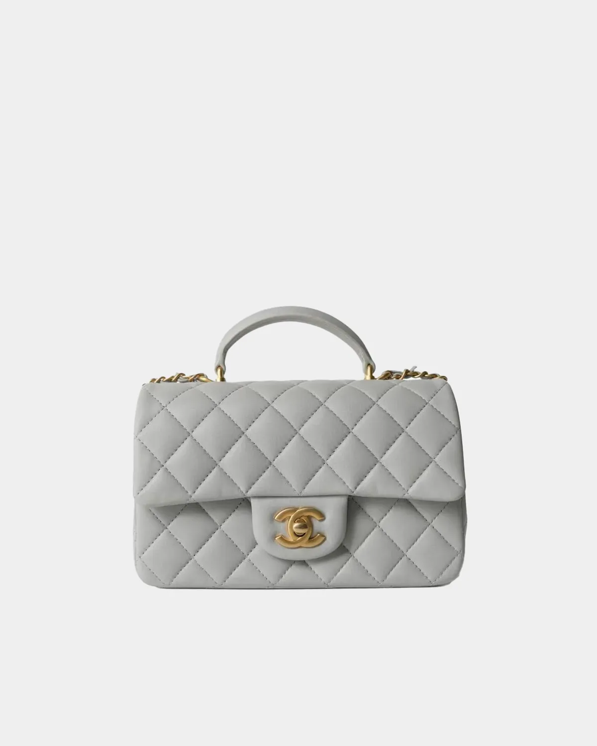 Signature Adjustable Mini Flap bag square size in grey lambskin front view