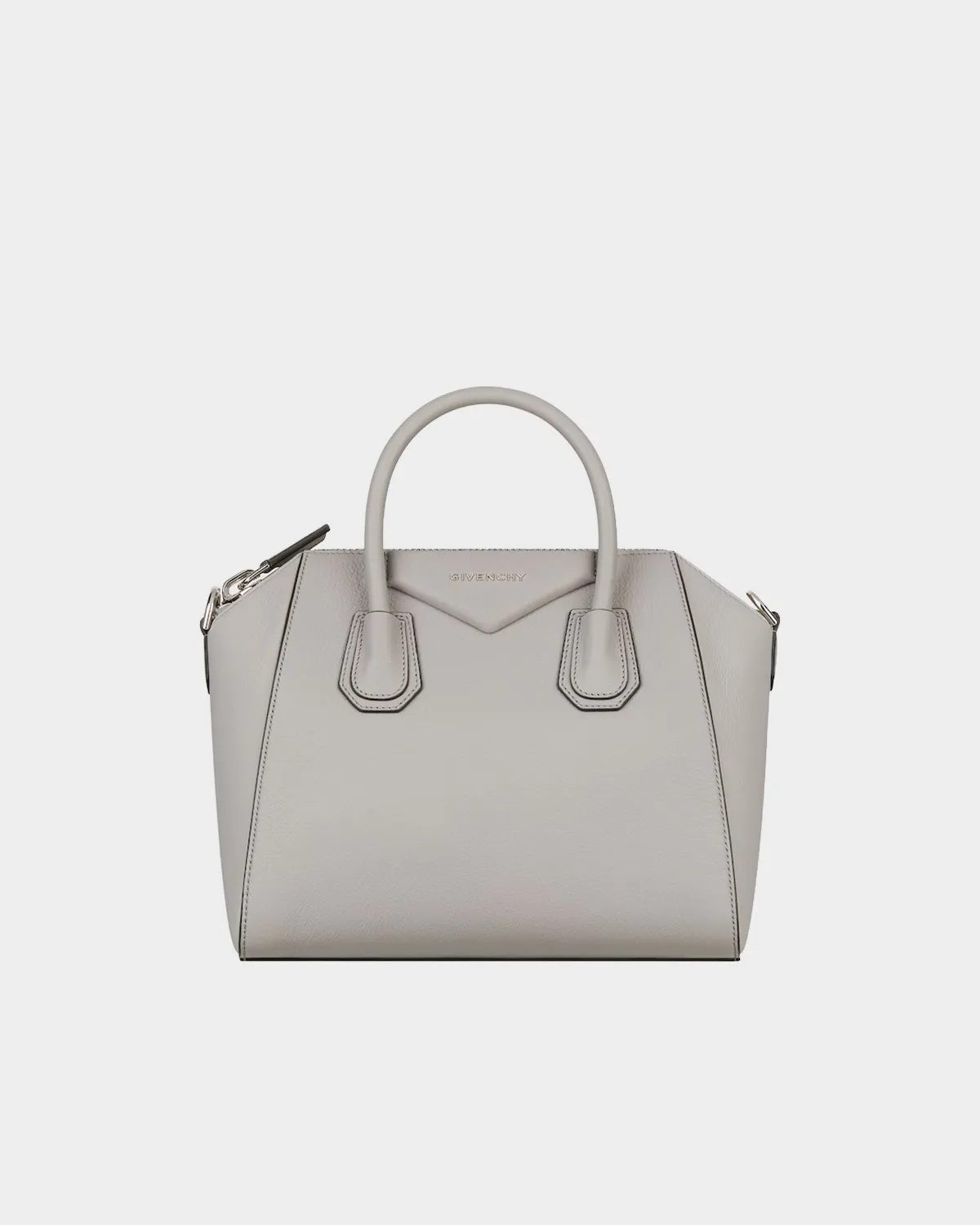 Signature Architectural Boston Bag Mini in pearl grey grained leather front view