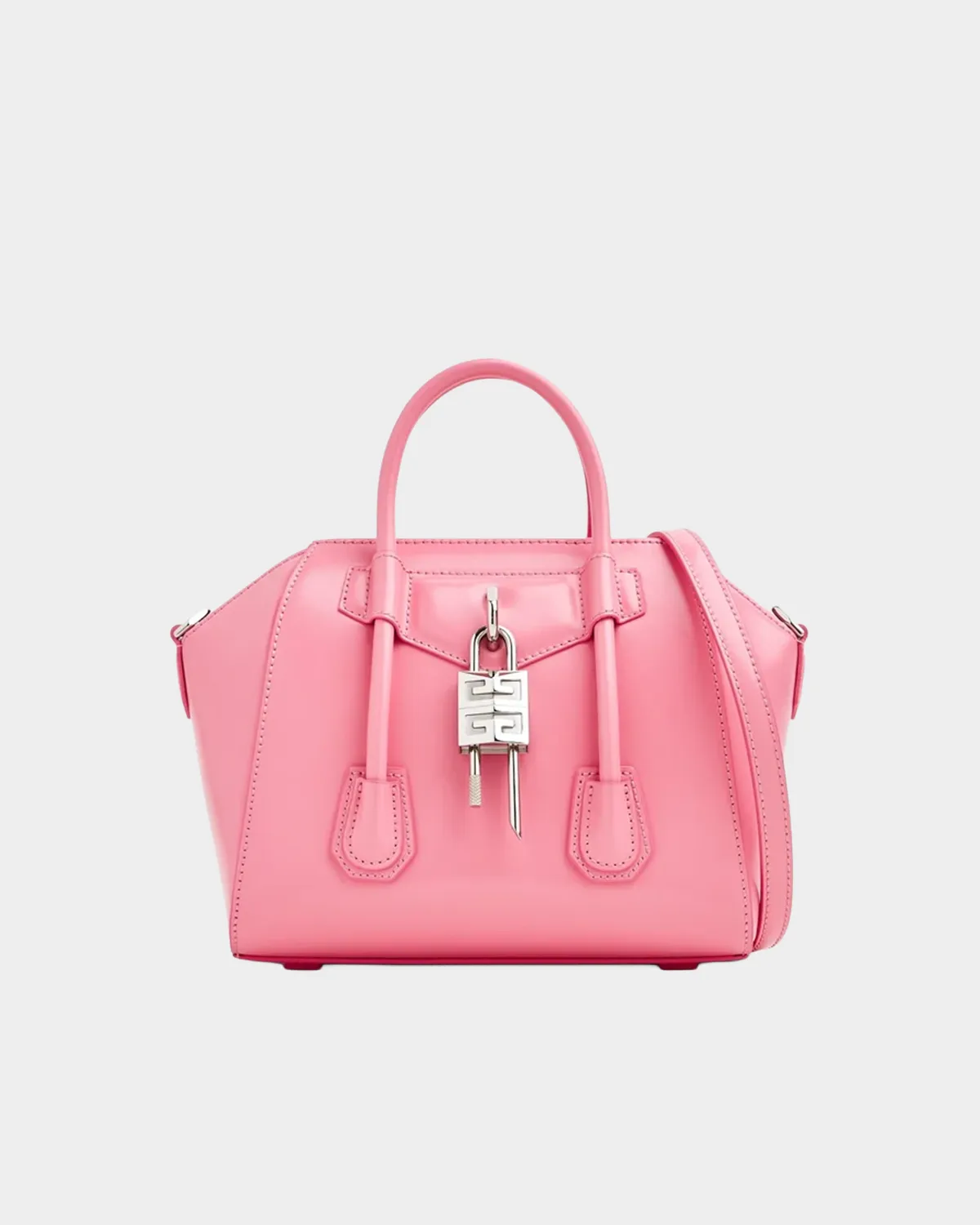 Signature Architectural Lock Bag Mini in bright pink leather with padlock front view