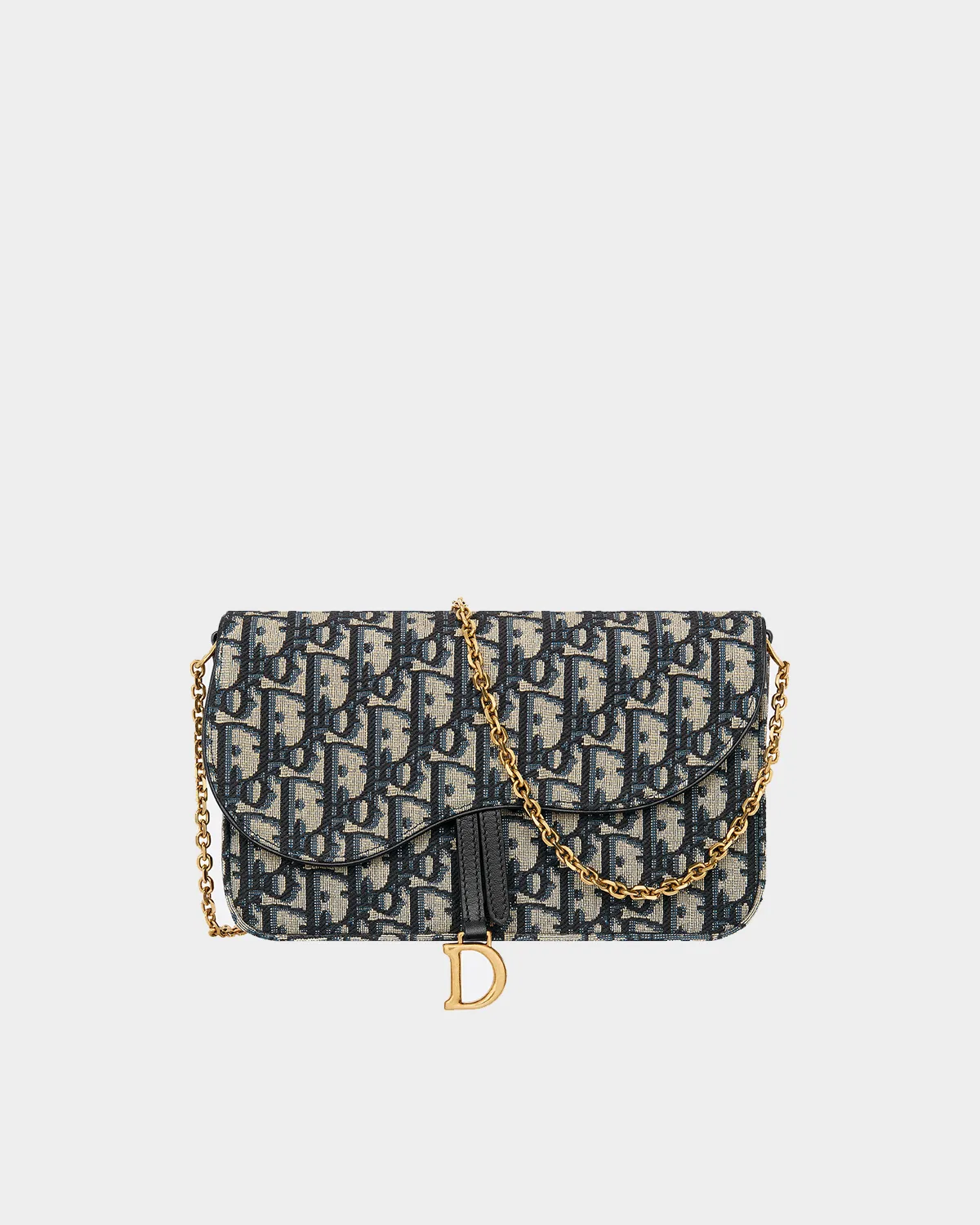 Signature Asymmetrical Chain Pouch Saddle style in blue jacquard front view