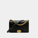 Signature Box Flap Bag Large Boy style in grained black leather front view