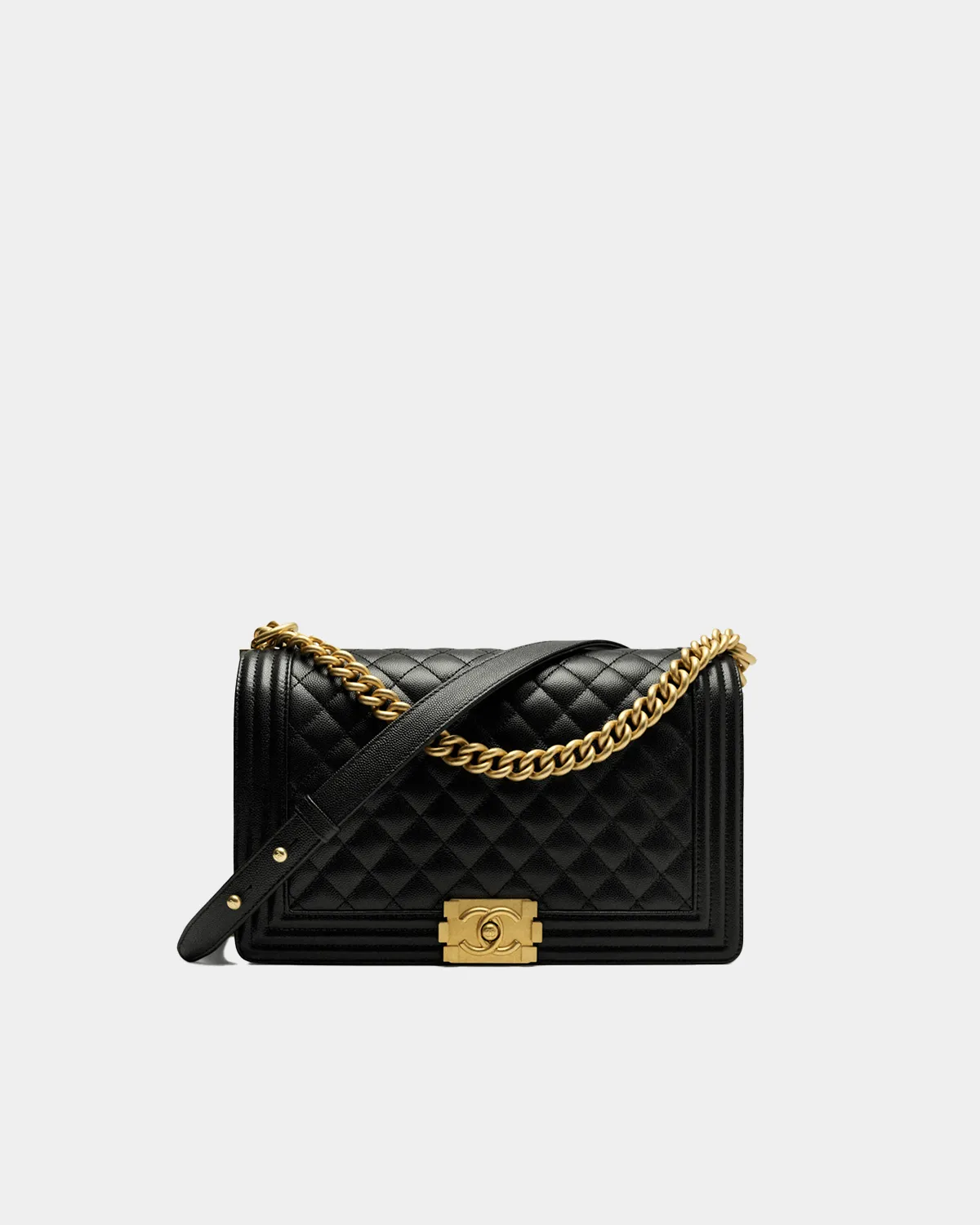 Signature Box Flap Bag Large Boy style in grained black leather front view